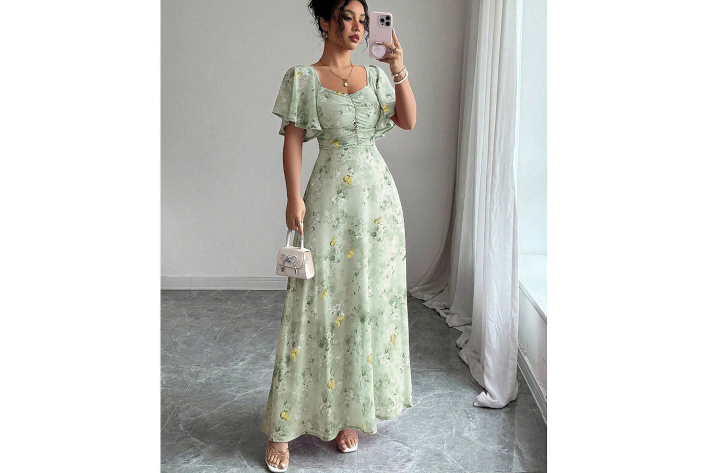 **Fashionable Square Neck Short-Sleeved Printed Chiffon Dress**