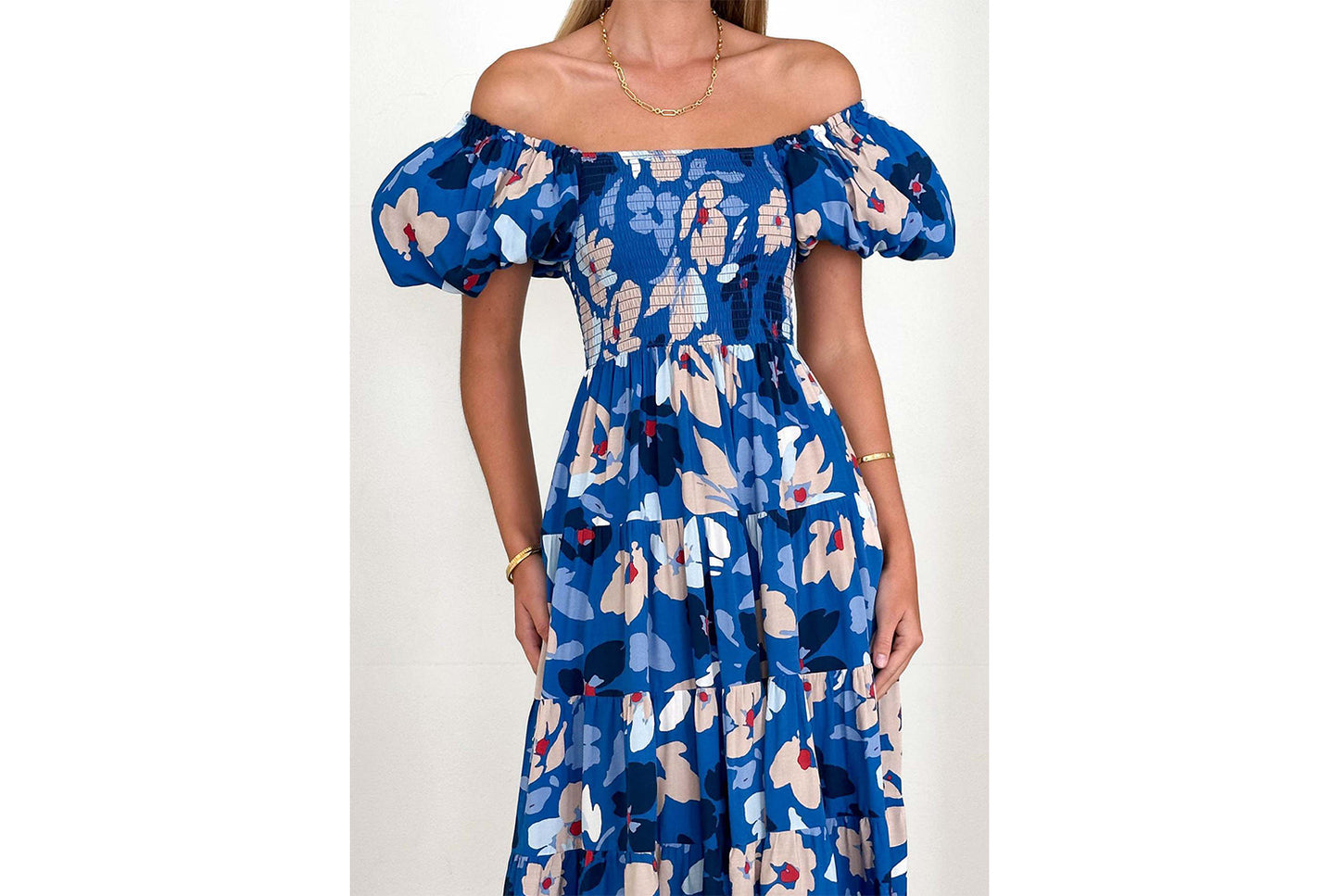 **Lantern Sleeve High-Waisted, One-Way Neck Print Dress**