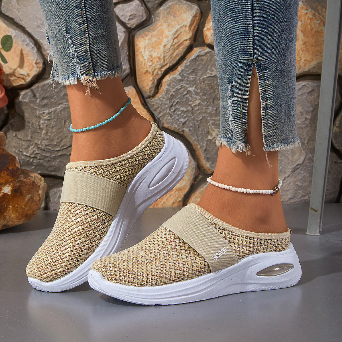 Breathable Mesh Flyknit Women's Shoes, Flat Heel Slip-on Muffins