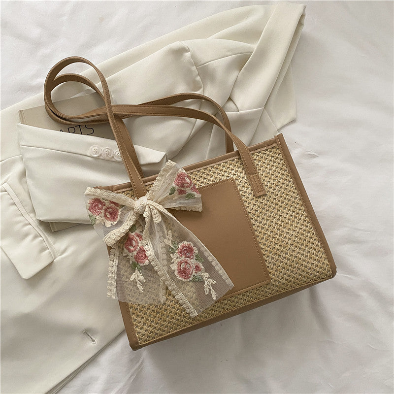 # Stylish Color-Blocked Straw Tote Shoulder Bag