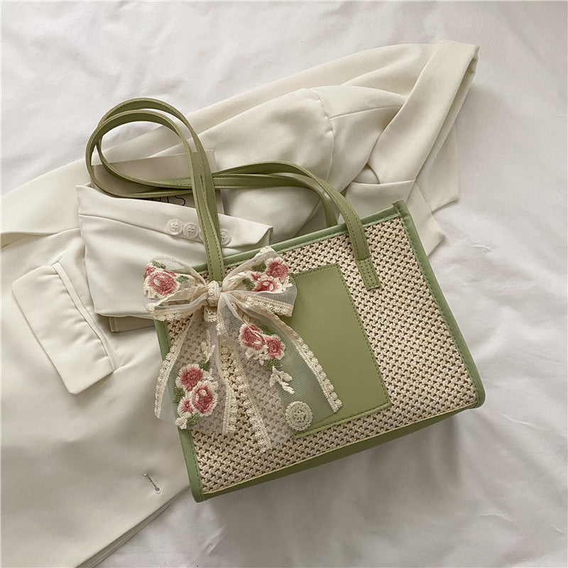 # Stylish Color-Blocked Straw Tote Shoulder Bag