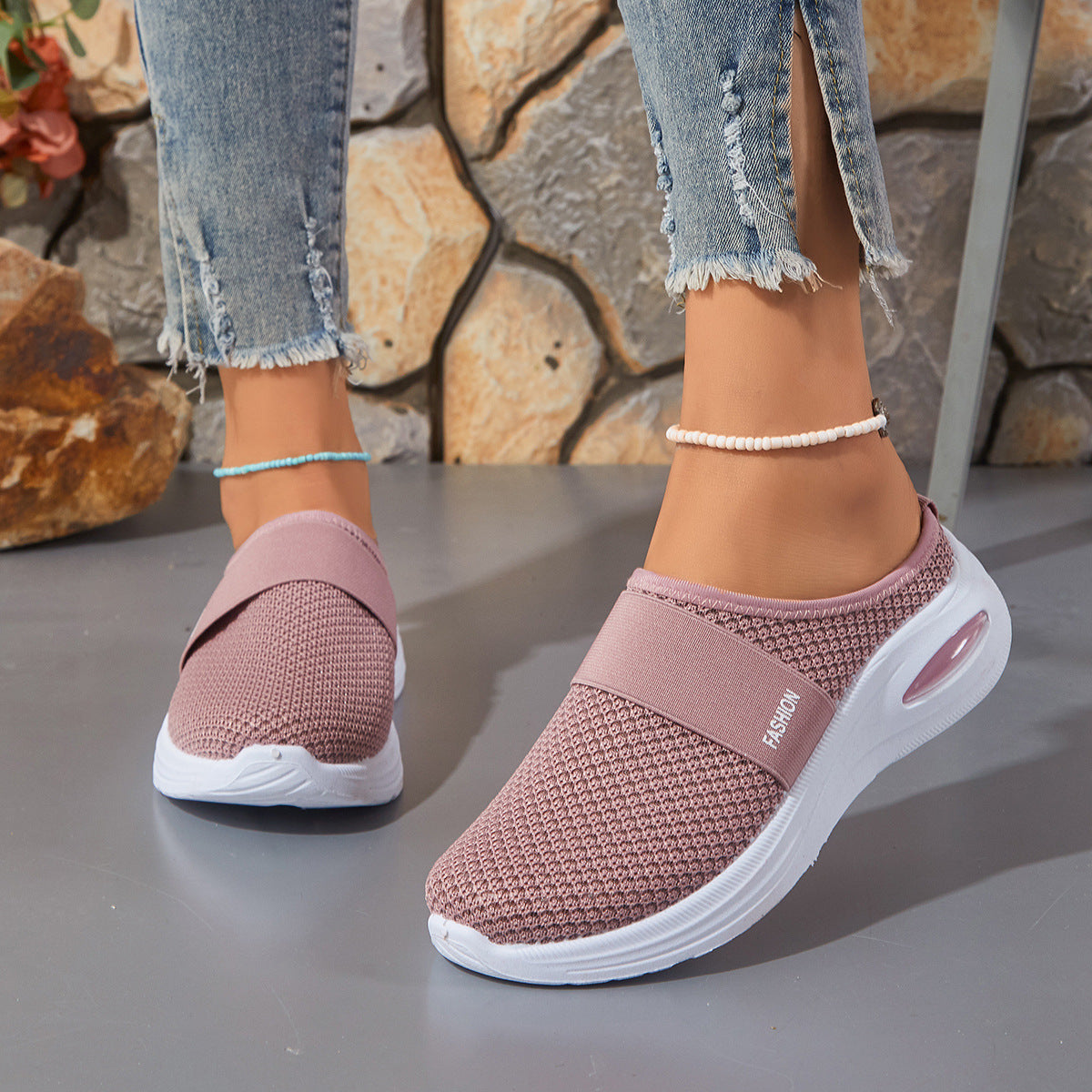 Breathable Mesh Flyknit Women's Shoes, Flat Heel Slip-on Muffins