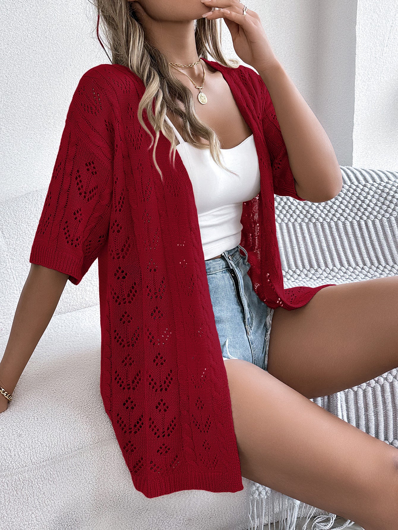 # Hollow-out Short-sleeved Knit Cardigan for Vacation Sun Protection