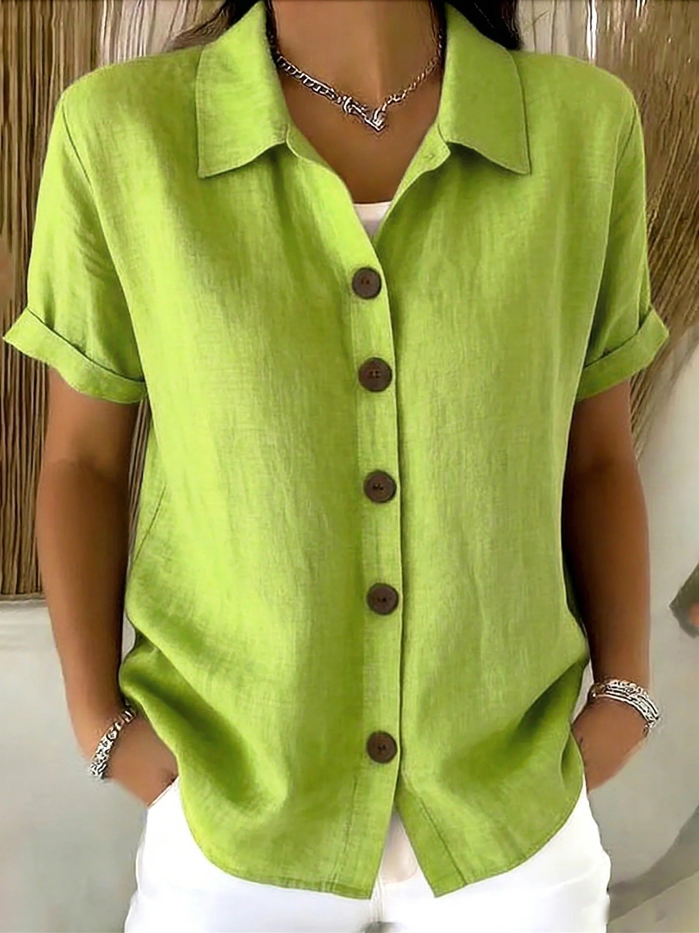 # Button-Up Cotton Linen Women's Casual Short-Sleeve Shirt