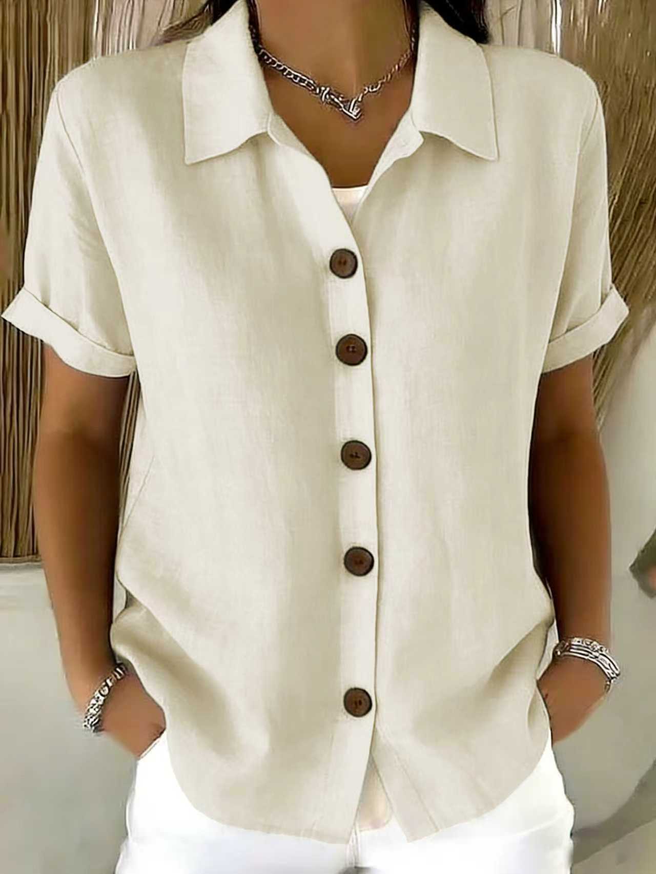 # Button-Up Cotton Linen Women's Casual Short-Sleeve Shirt